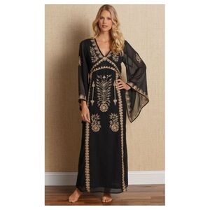 Whimsical Dress Black Gold Embroidered Kaftan‎ M Embroidered Whimsigoth Fairy